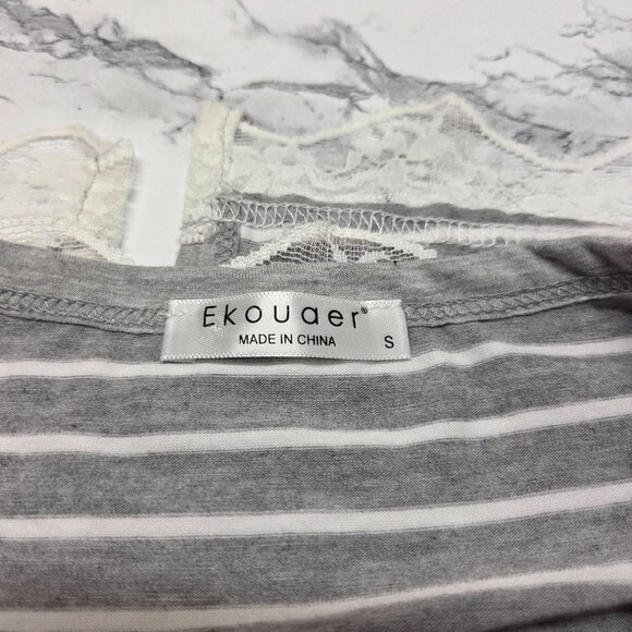 Ekouaer Small Gray White Lace Detail V Neck Button Up Summer Nightgown - Picture 8 of 9